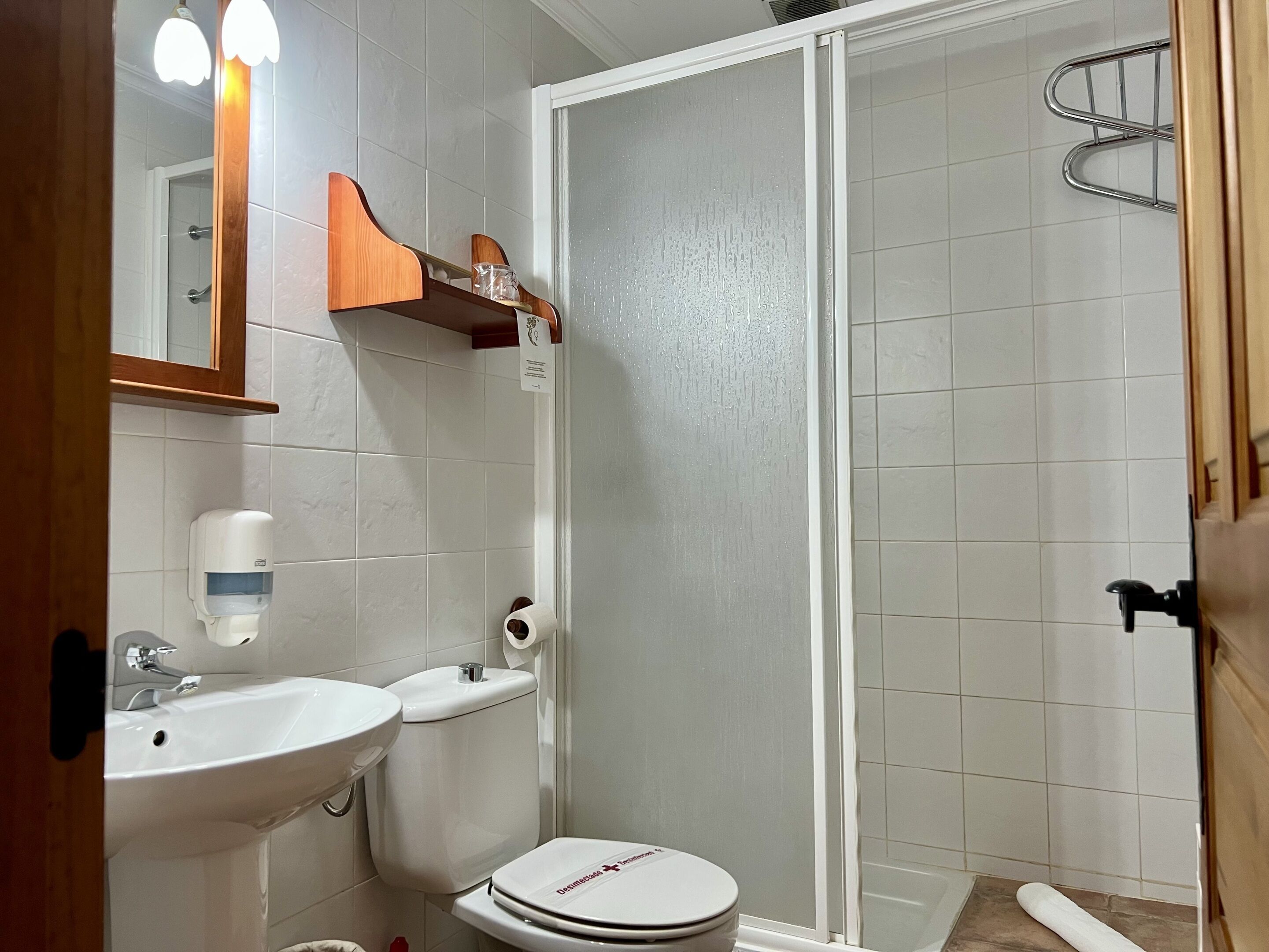 A bathroom with a sink, toilet, and shower.