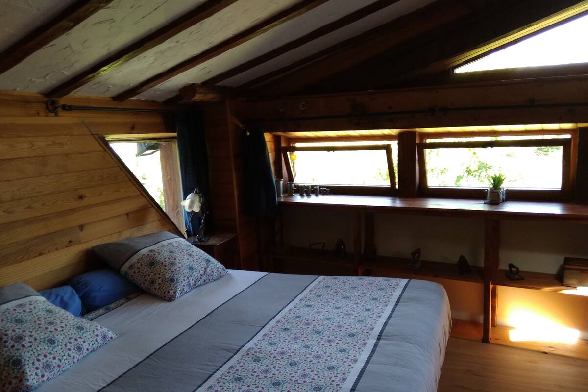 Habitació acollidora amb un llit, parets de fusta i una finestra que donava a zones verdes.