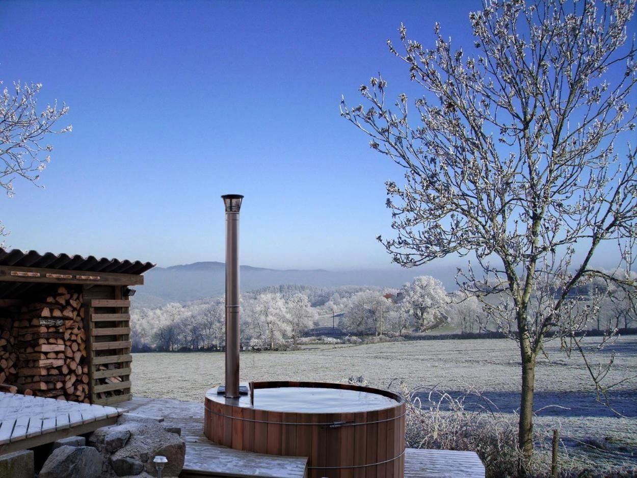 A hot tub with a chimney, a wooden structure with logs, and a frost-covered landscape with trees and mountains in the background.