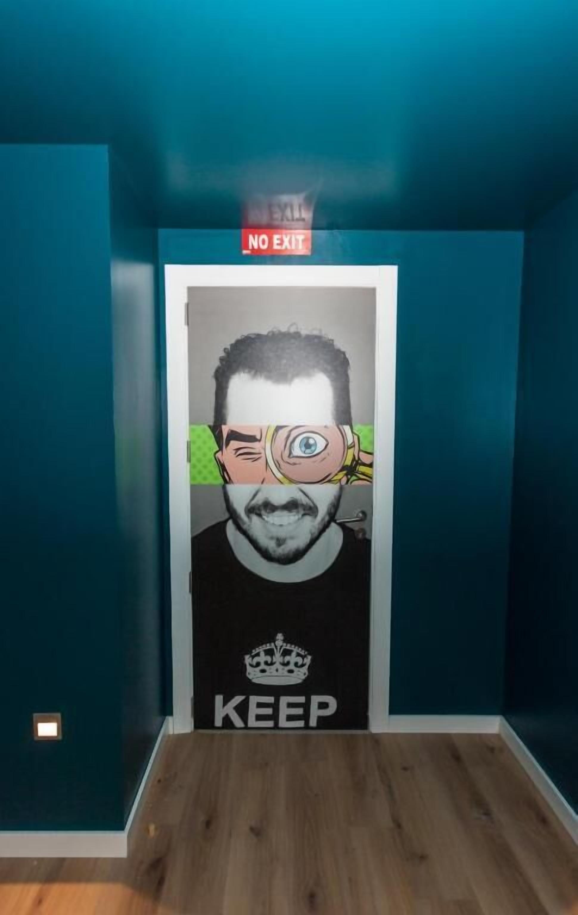 A hallway with teal walls and a wooden floor. A door has a 'NO EXIT' sign above it, and a 'KEEP' sign below.