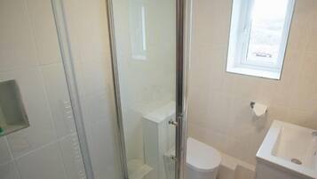 A bathroom with a glass shower enclosure, a toilet, and a sink.
