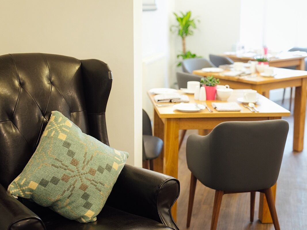 A leather sofa with a patterned pillow, a dining table with chairs, and a plant in the background.