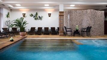 Indoor pool, seasonal outdoor pool, pool loungers