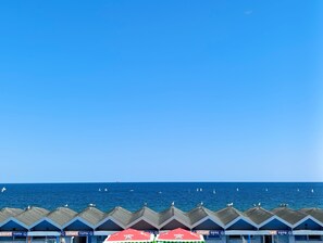 Una hilera de cabañas de playa con vistas despejadas al mar y algunas gaviotas posadas en los tejados.