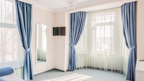 Una habitación con un ventanal grande, un televisor de pantalla plana en la pared y una alfombra estampada en el suelo.