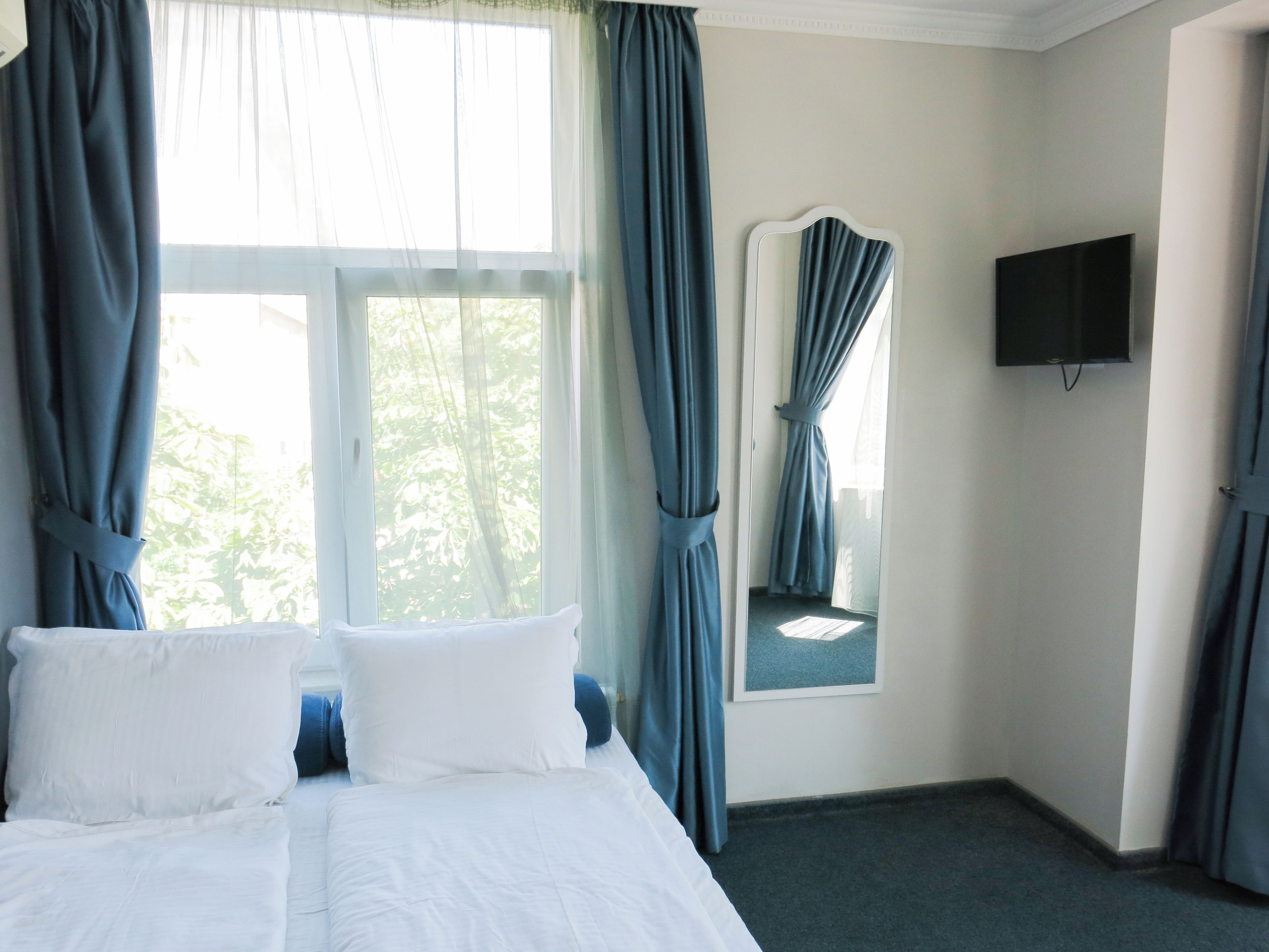 A hotel room with a bed, a flat-screen TV, a window with curtains, and a view of trees outside.