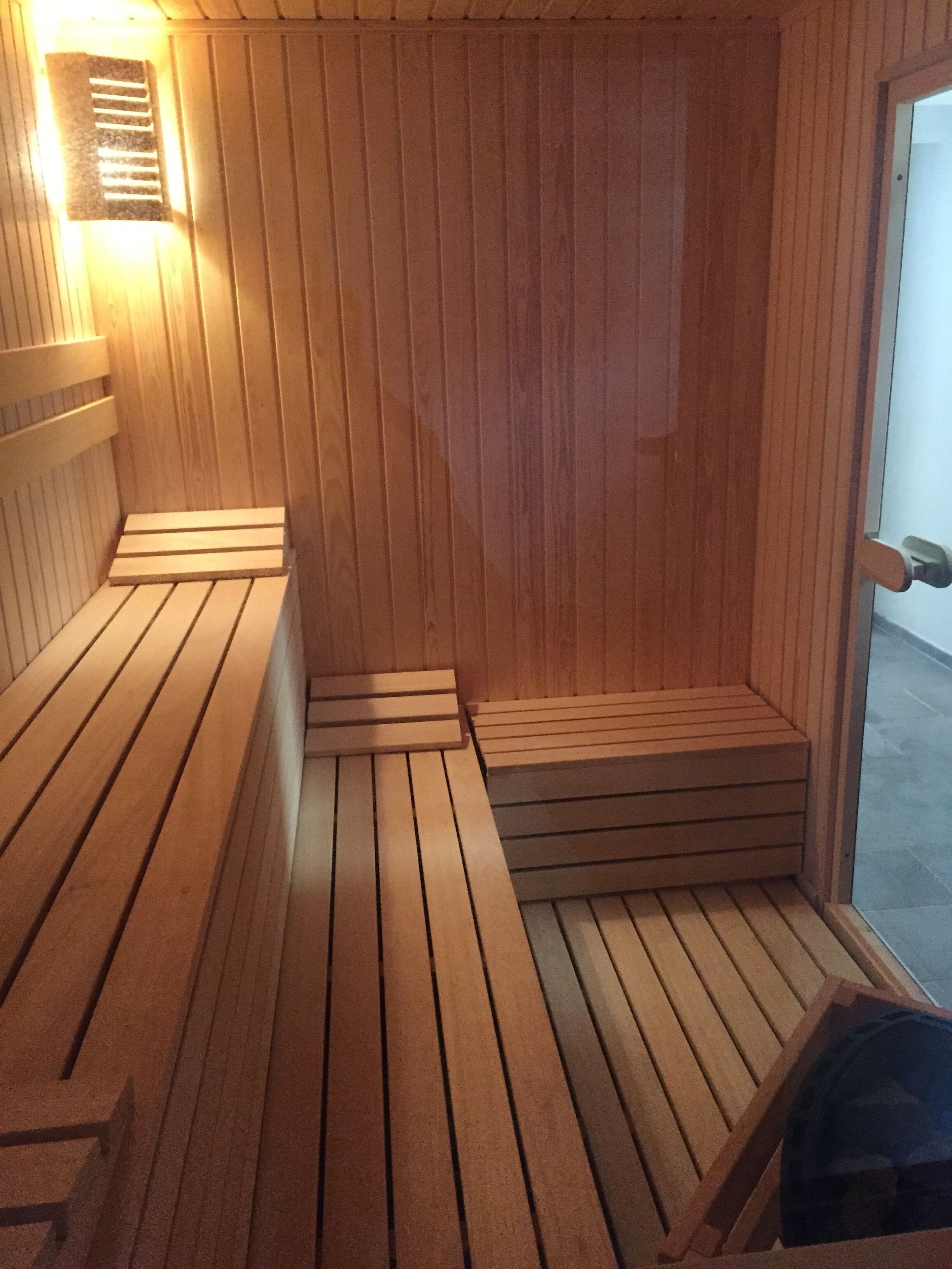 A wooden sauna with benches and steps, a door, and a window.