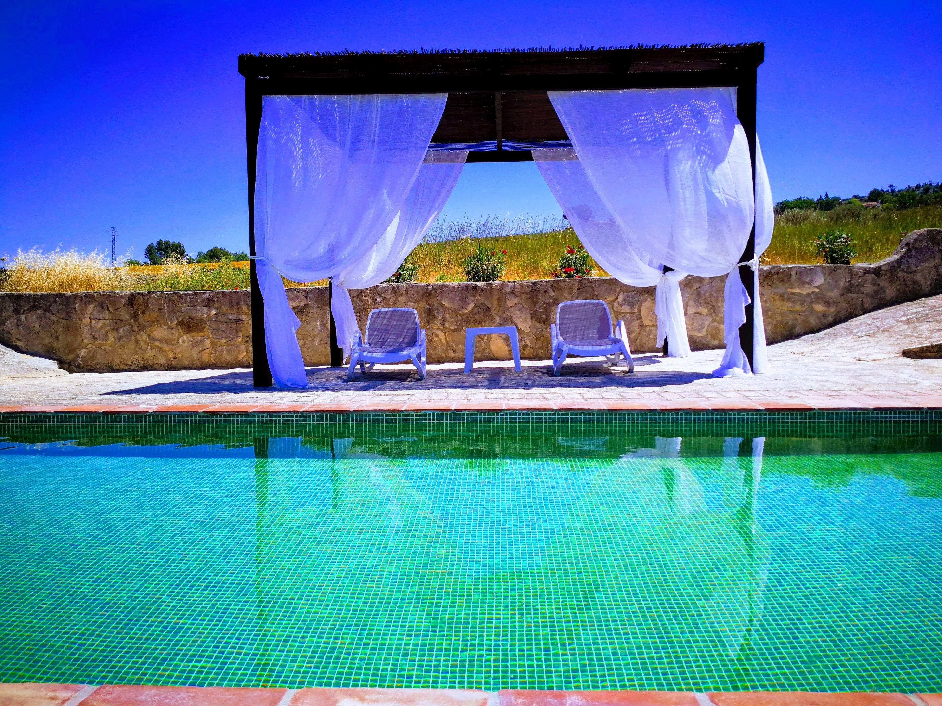 A pool area with two lounge chairs under a white canopy.