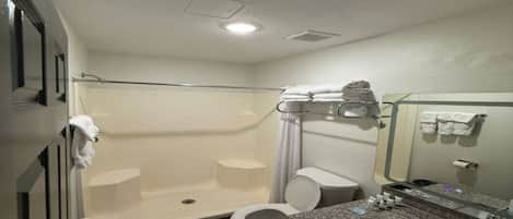 Een badkamer met douche, toilet en wastafel.