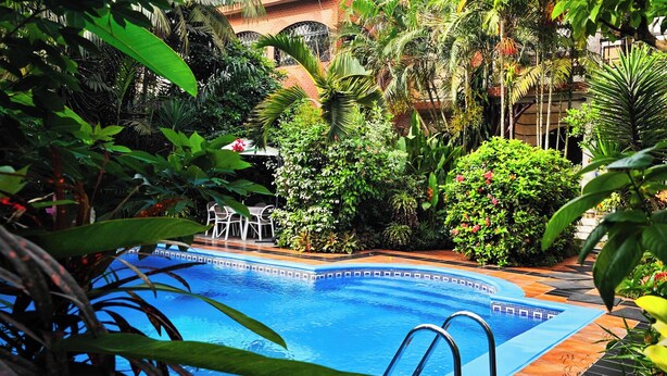 Una piscina rodeada de abundante vegetación y un edificio de ladrillo al fondo.