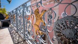 Una valla de hierro forjado con un emblema de león, una celosía metálica con diseño y un edificio de paredes rosadas y blancas al fondo.