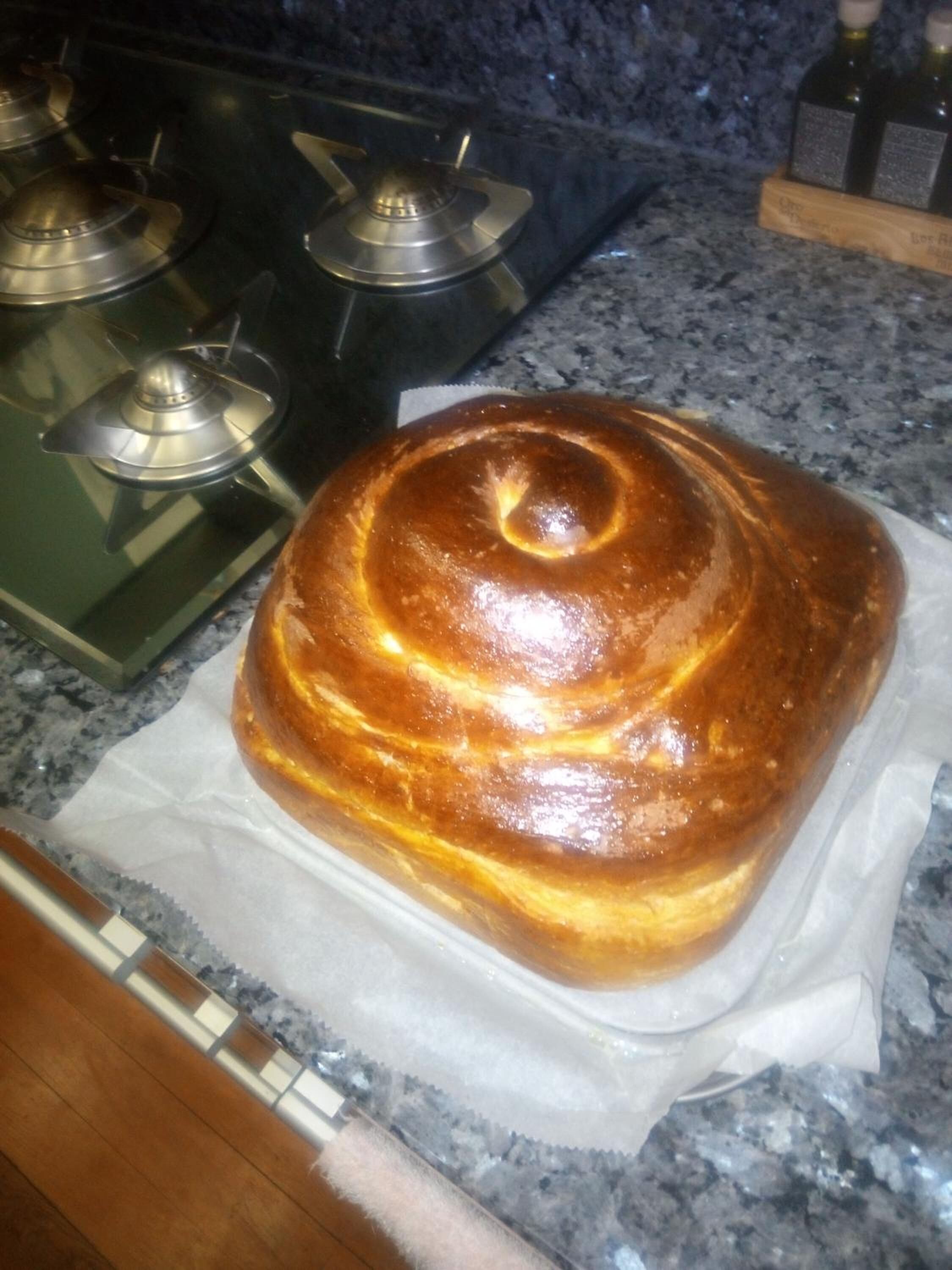 A loaf of bread on a kitchen counter.