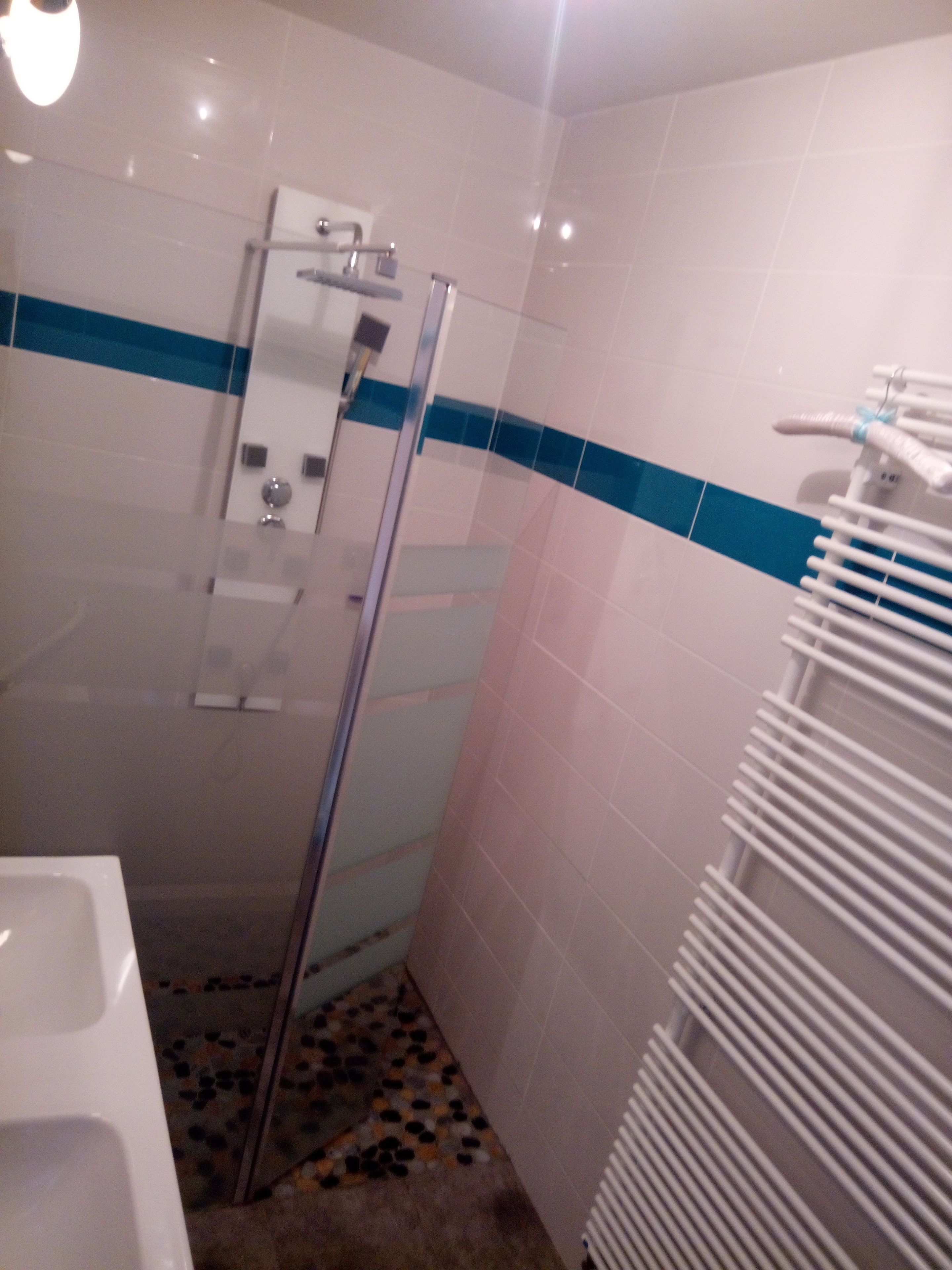 Un bagno con doccia, una vasca da bagno bianca e un portasciugamani.