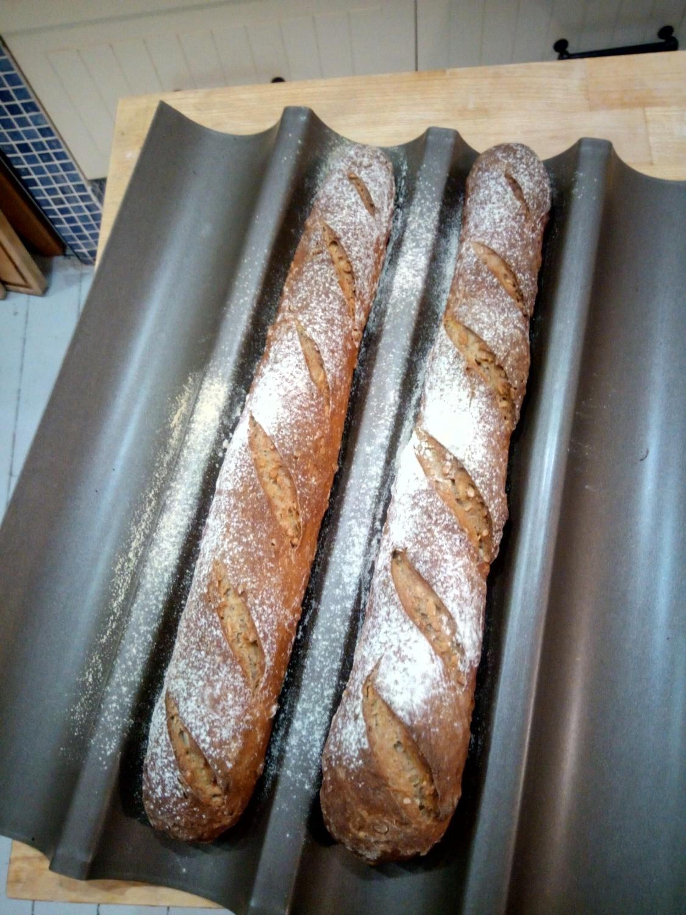 Two loaves of bread on a baking tray.