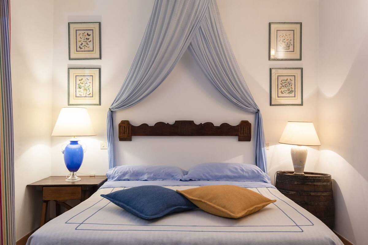 Een net opgemaakt bed met een blauw en bruin kussen, een houten hoofdbord en een blauw baldakijn. Er staan twee nachtkastjes met lampen en er hangt lijstwerk op de muren.
