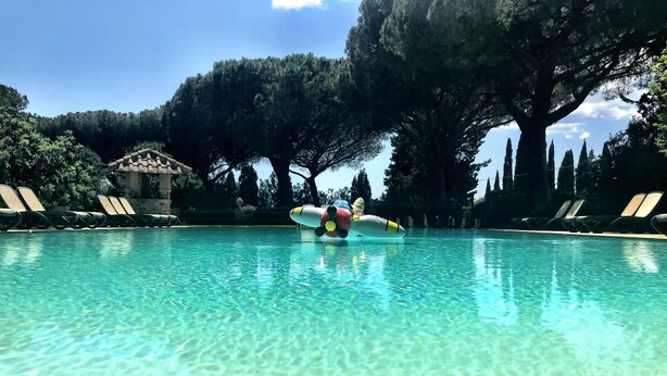 A clear pool with lounge chairs and a large tree in the background. - Agriturismo La Rombaia (Castiglione della Pescaia)