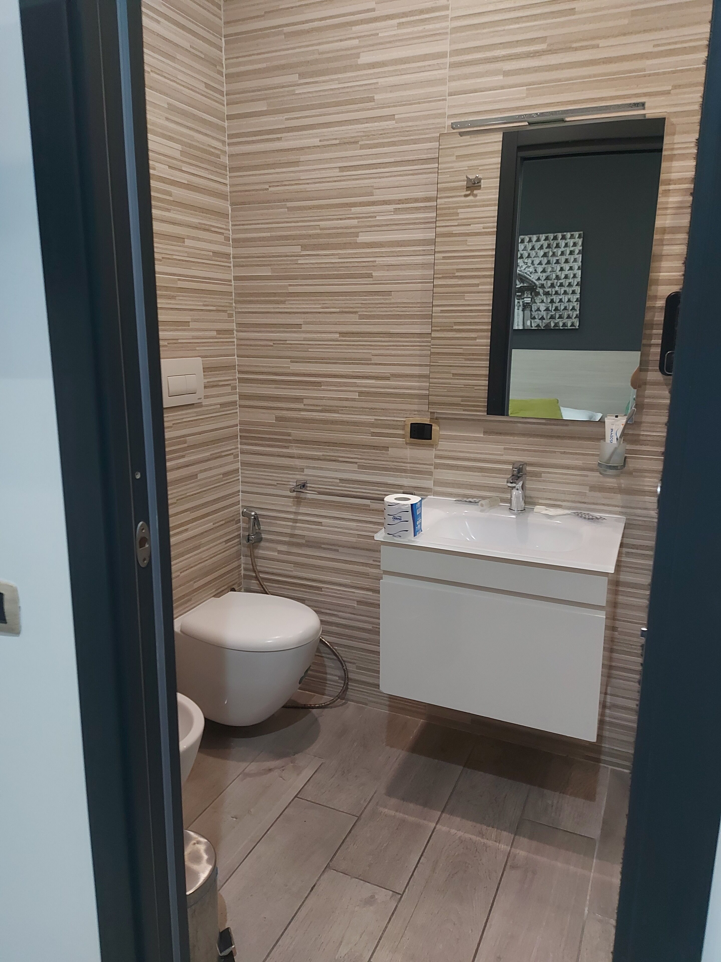 A modern bathroom with a toilet, sink, and mirror.