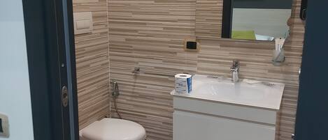 A modern bathroom with a toilet, sink, and mirror.
