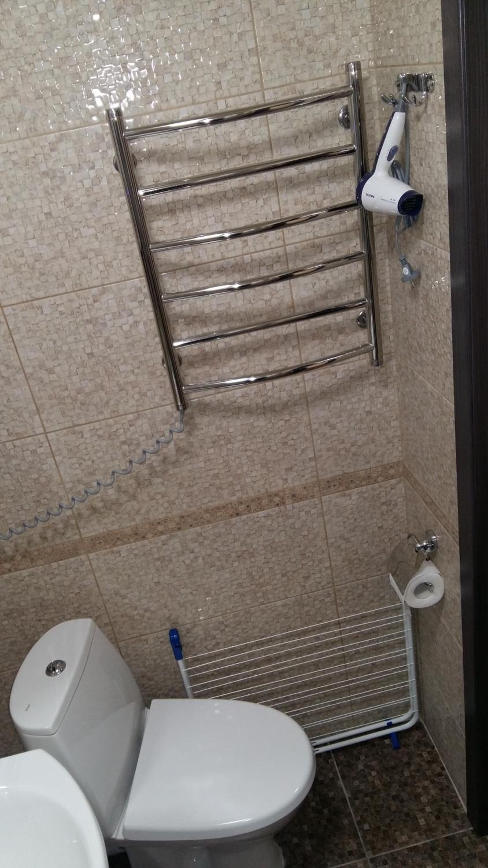 Et badeværelse med toilet, bruseområde og håndklædetørrer.