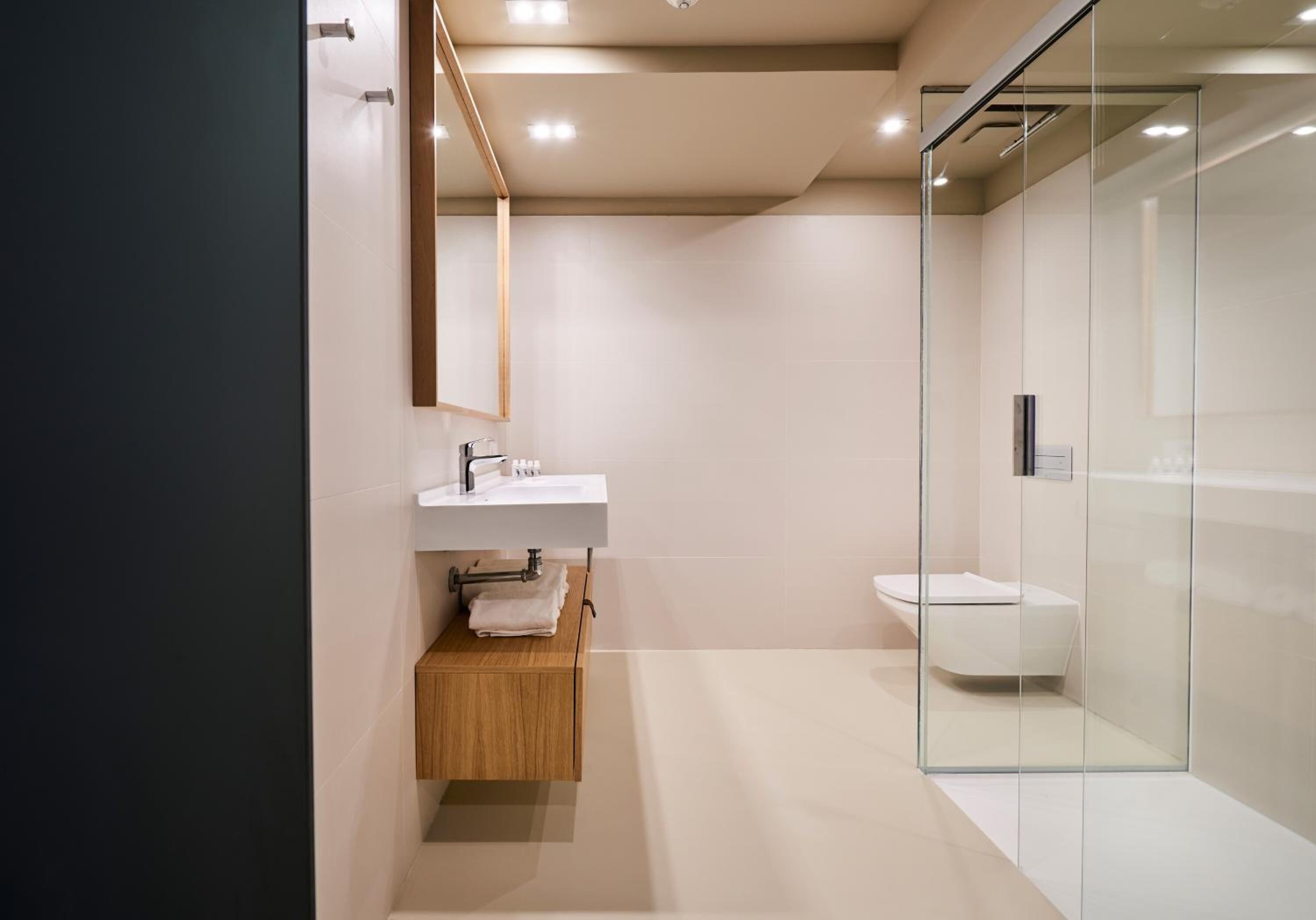 Une salle de bain moderne avec une douche à parois de verre, un meuble-lavabo en bois et un lavabo blanc.