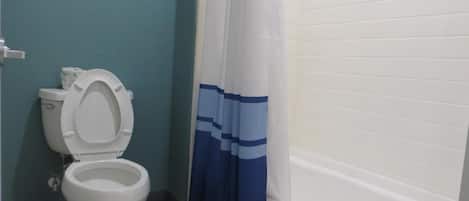Une salle de bain avec des toilettes, un rideau de douche et une baignoire.