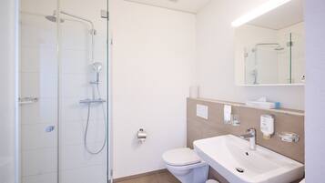 A modern bathroom with a glass-enclosed shower, a white toilet, and a sink with a mirror above.