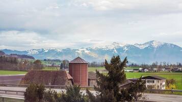 A rural landscape with a mountain range in the background, a silo, and a road in the foreground.