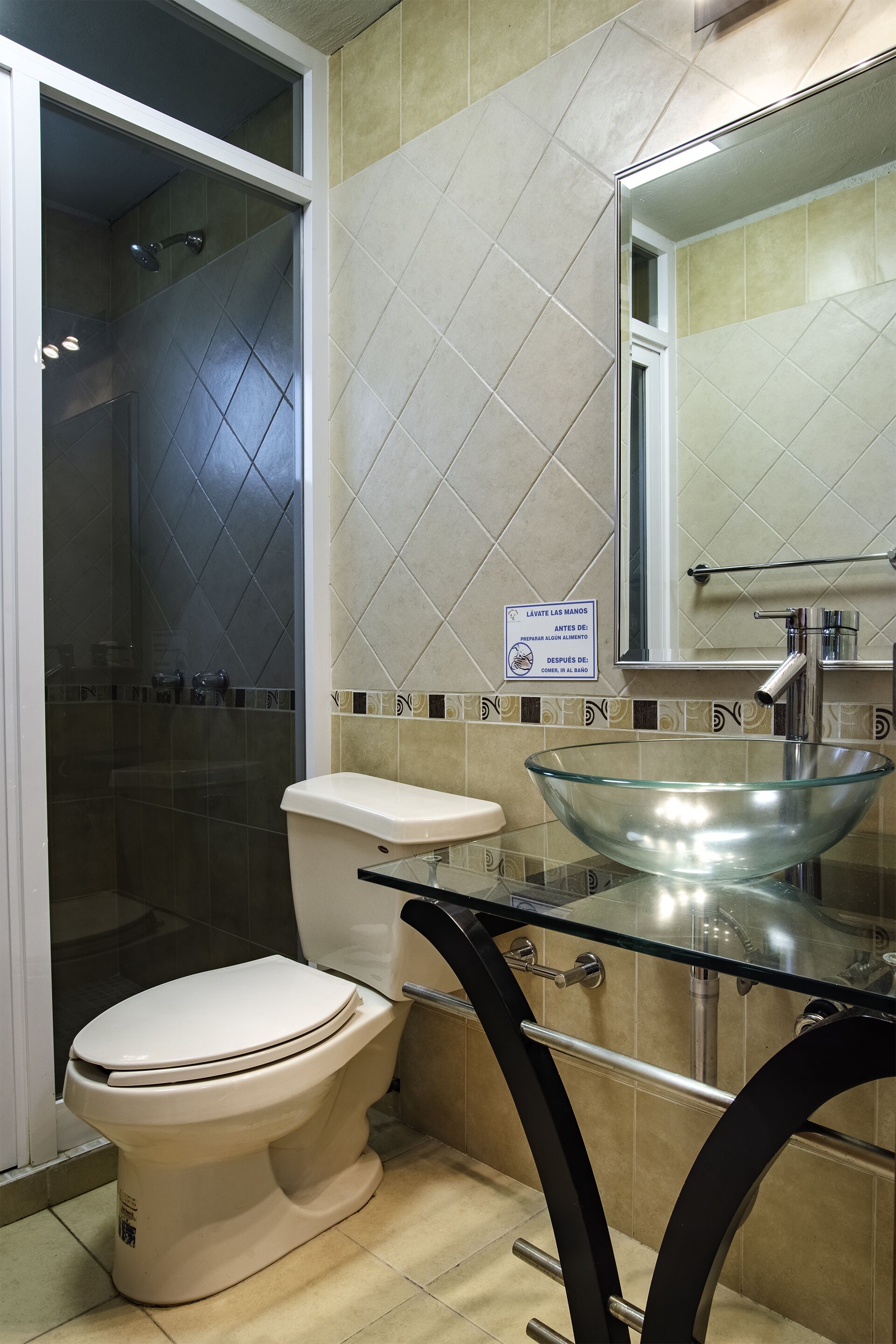 shower, free toiletries, towels, soap