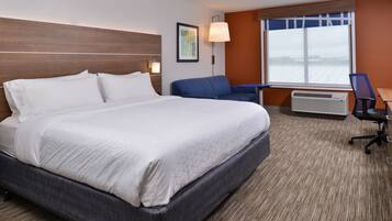 Desk, laptop workspace, blackout drapes, iron/ironing board