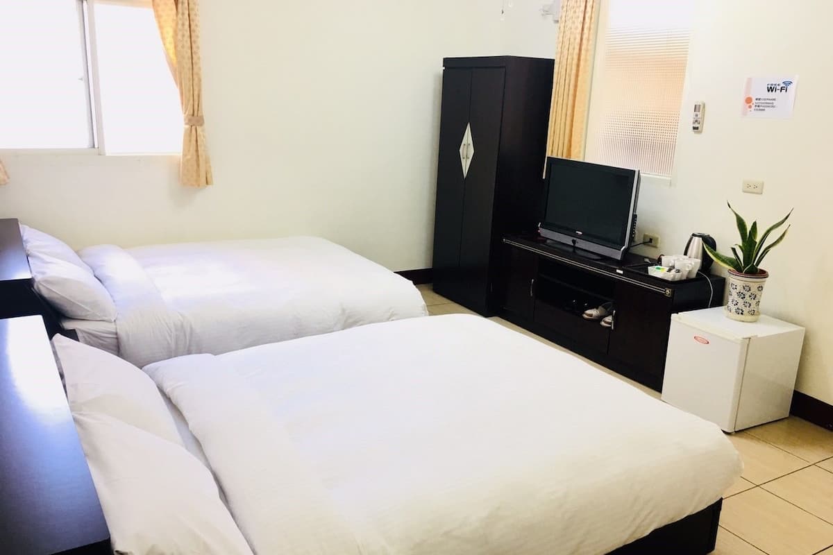Habitación de hotel con dos camas, televisión, aparador, planta en maceta y un cartel que indica Wi-Fi gratuito.