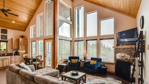 Chalet | Living area | 50-inch flat-screen TV with satellite channels, TV, fireplace