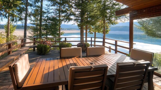 Une terrasse en bois avec une table et des chaises, offrant une vue sur un lac et des montagnes.