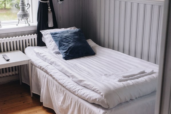 A single bed with white bedding and a blue pillow, a bedside table with a remote control, and a radiator under a window with a view of greenery.