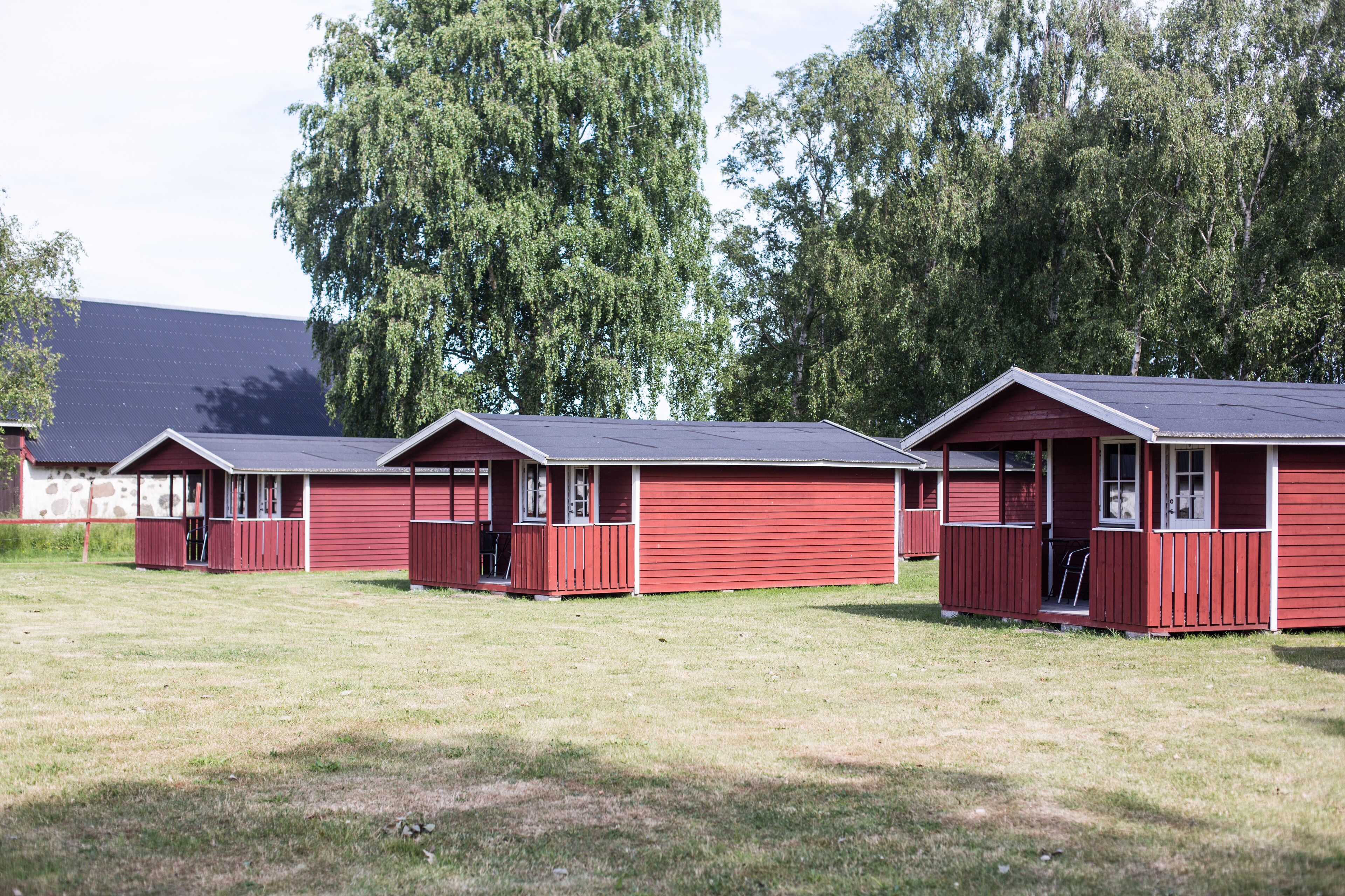 A row of red cabins with a grassy field in front, large trees in the background, and a building with a dark roof to the left.