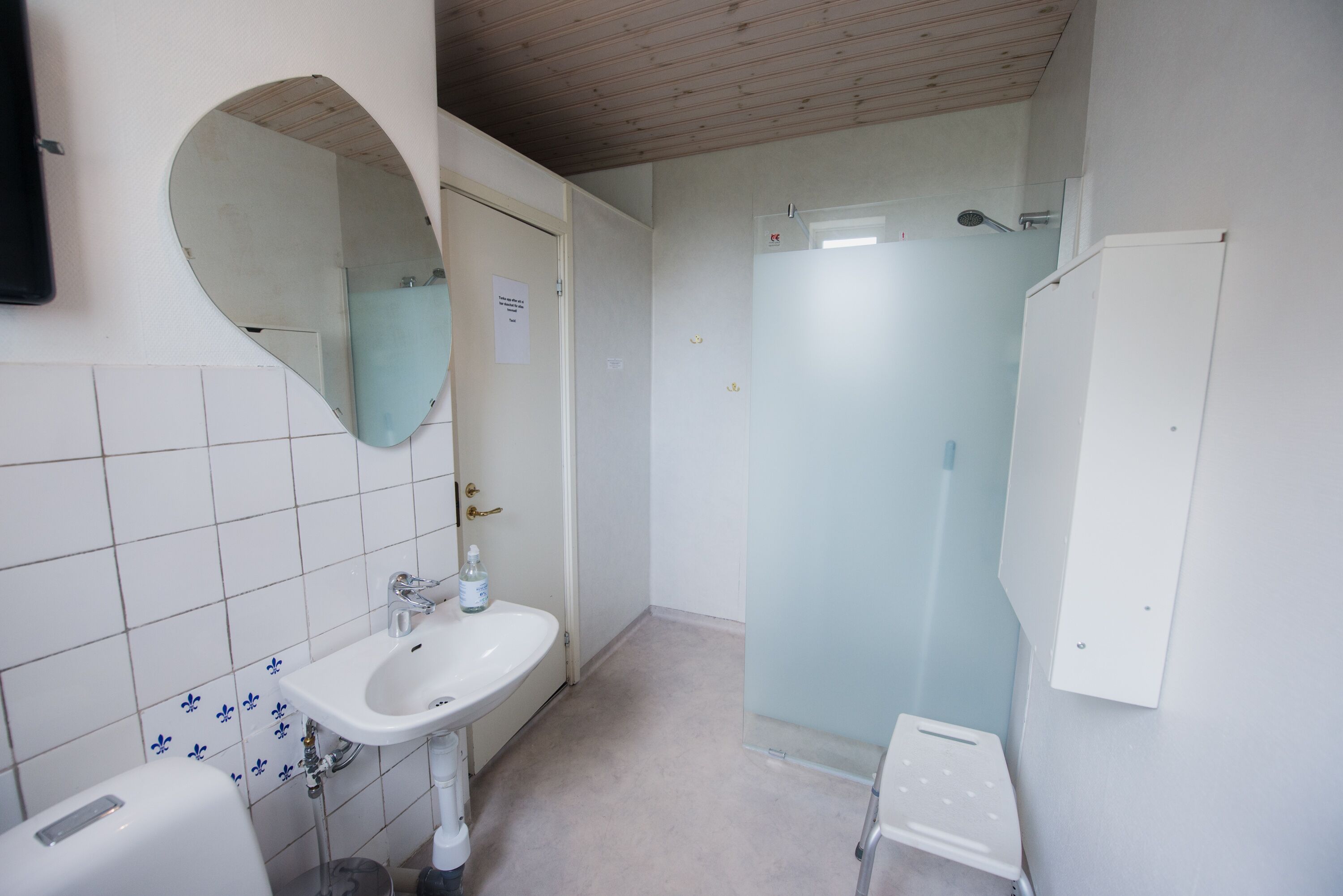 Baño con lavamanos, espejo y ducha.