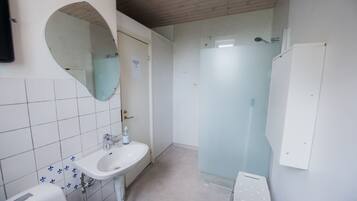 A bathroom with a sink, mirror, and shower.