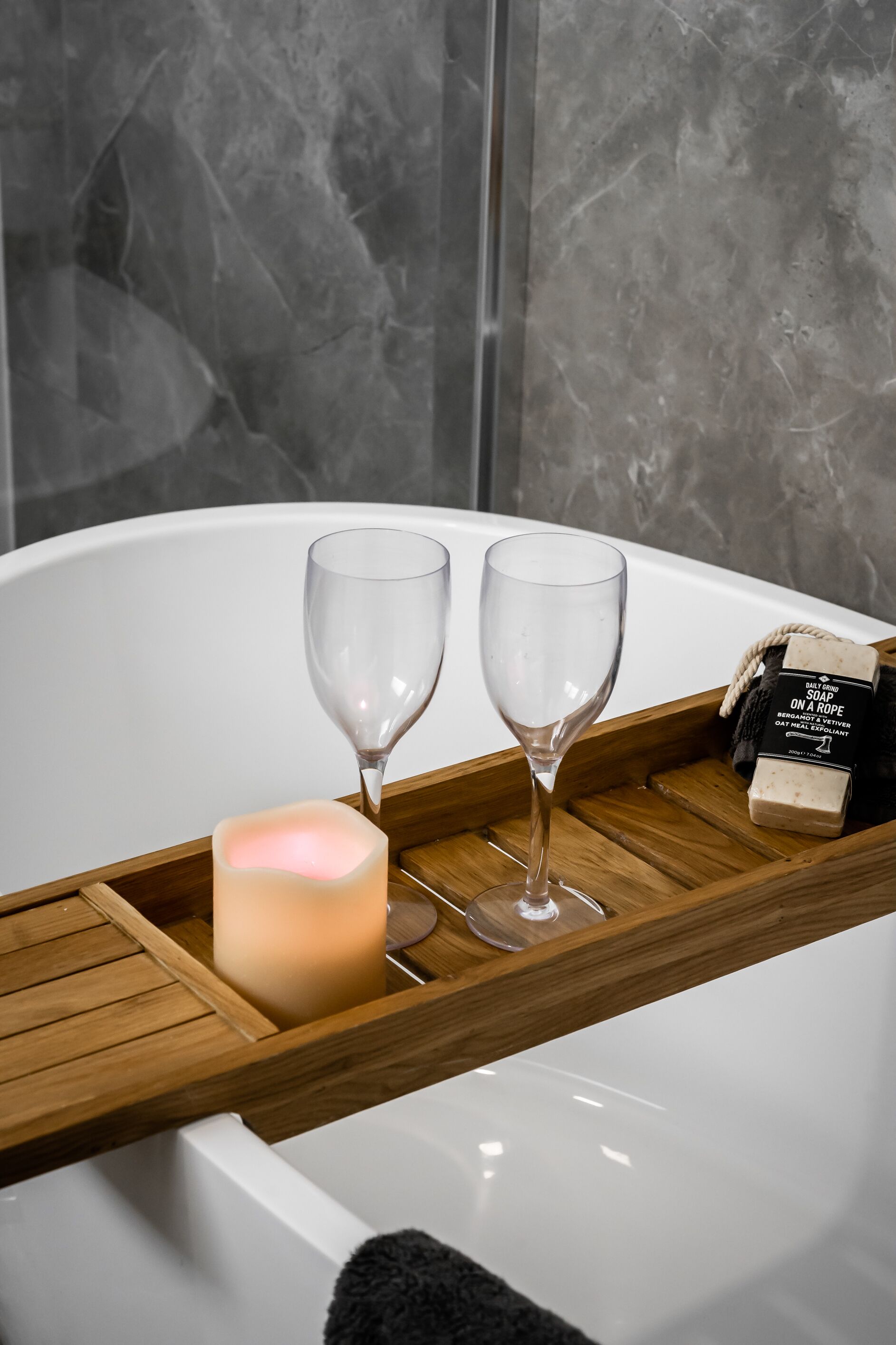NONFLAME  CANDLES AND PLASTIC WINE GLASSES SUPPLIED IN MASTER BEDROOM CUPBOARD 