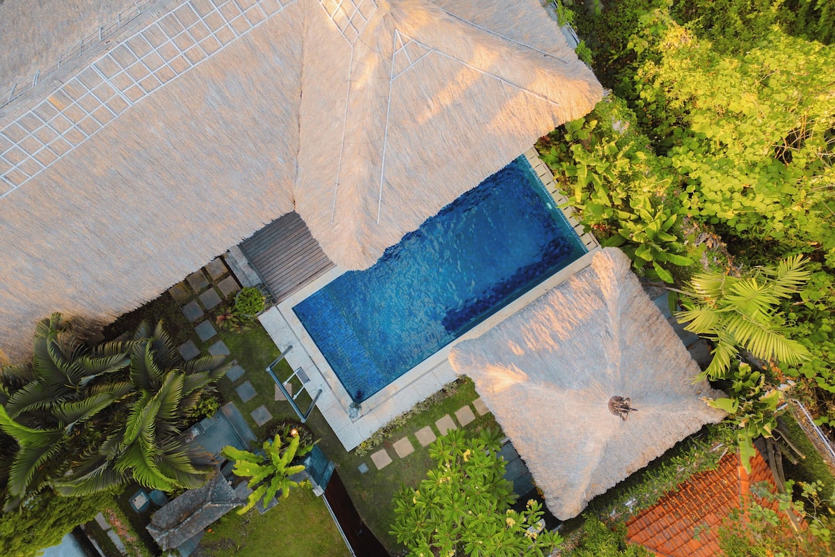 An aerial view of a resort with a swimming pool, thatched-roof structures, and lush greenery.