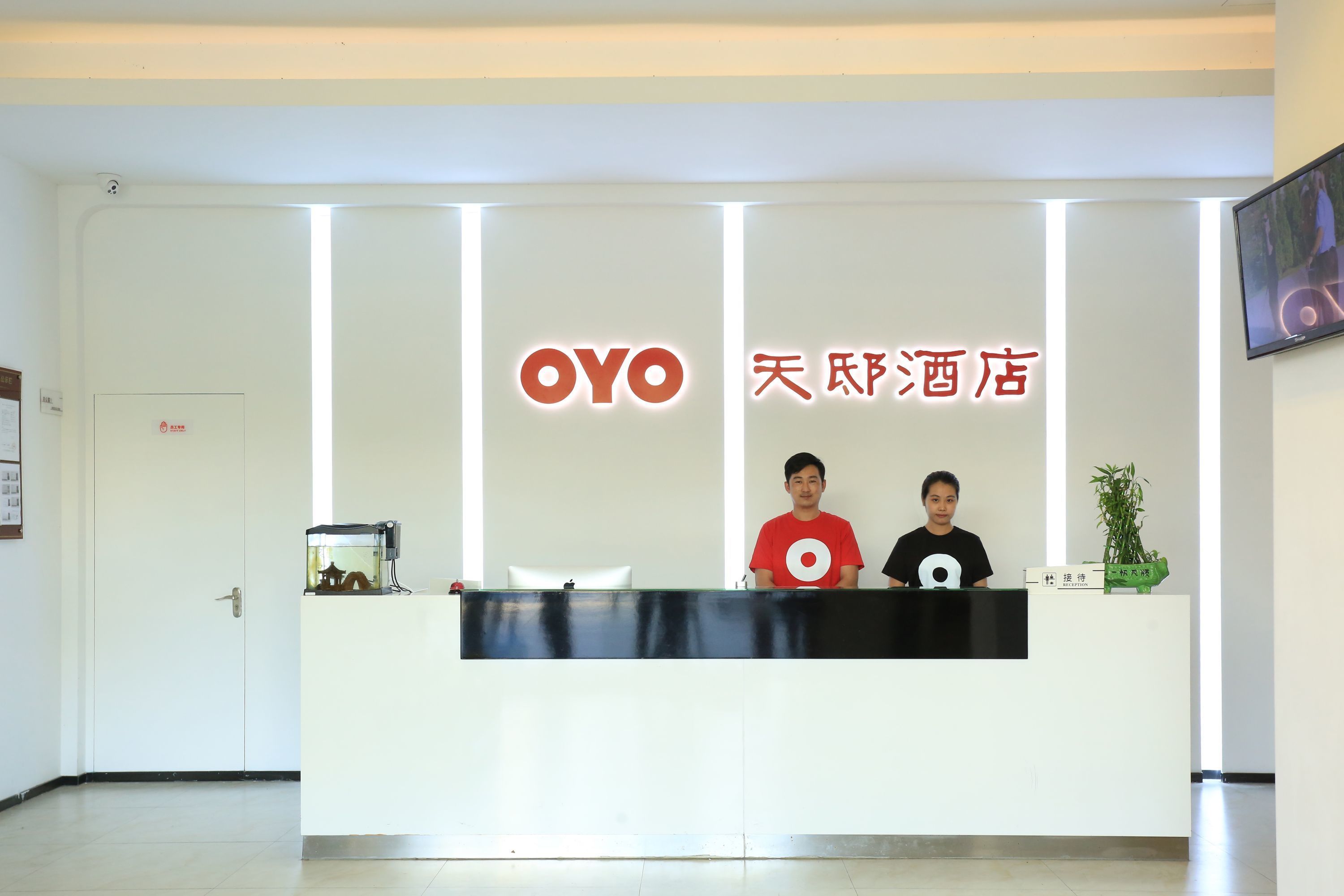 A hotel reception desk with a modern design, featuring a reception area, a reception counter, and a digital screen.