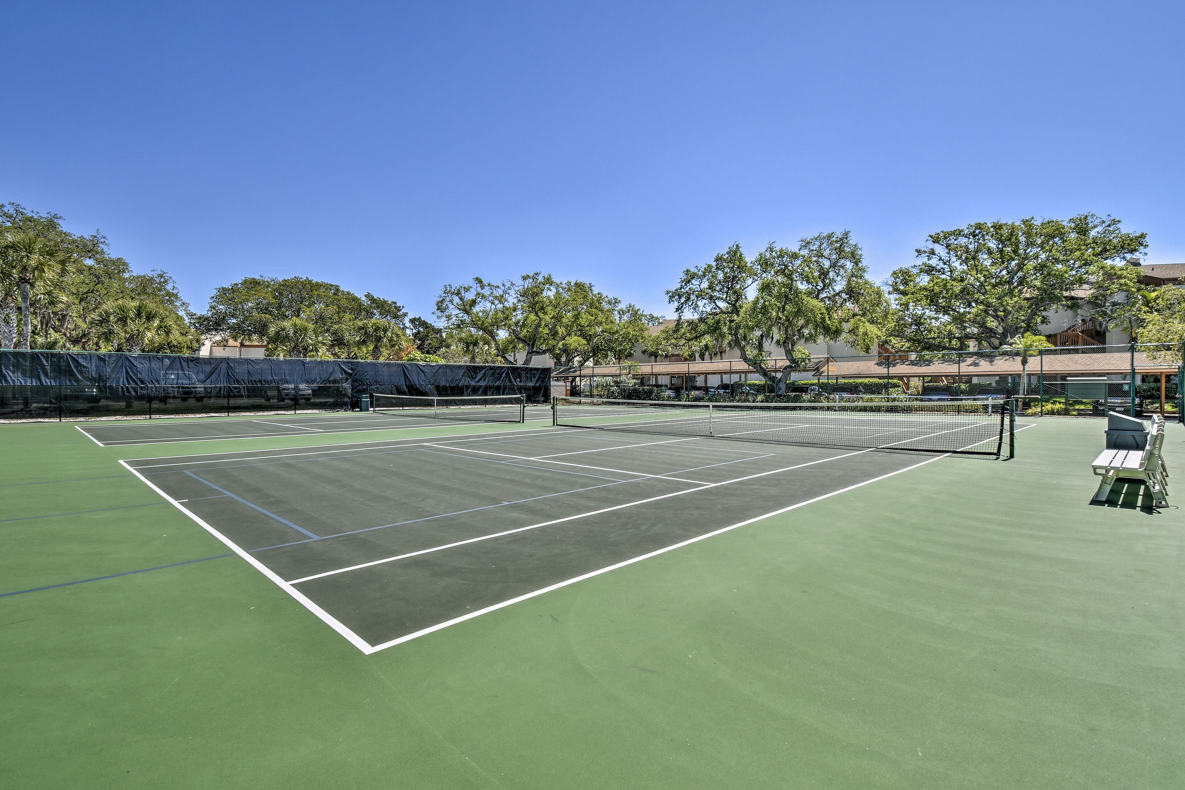 A tennis court with a net, green surface, and surrounding trees.