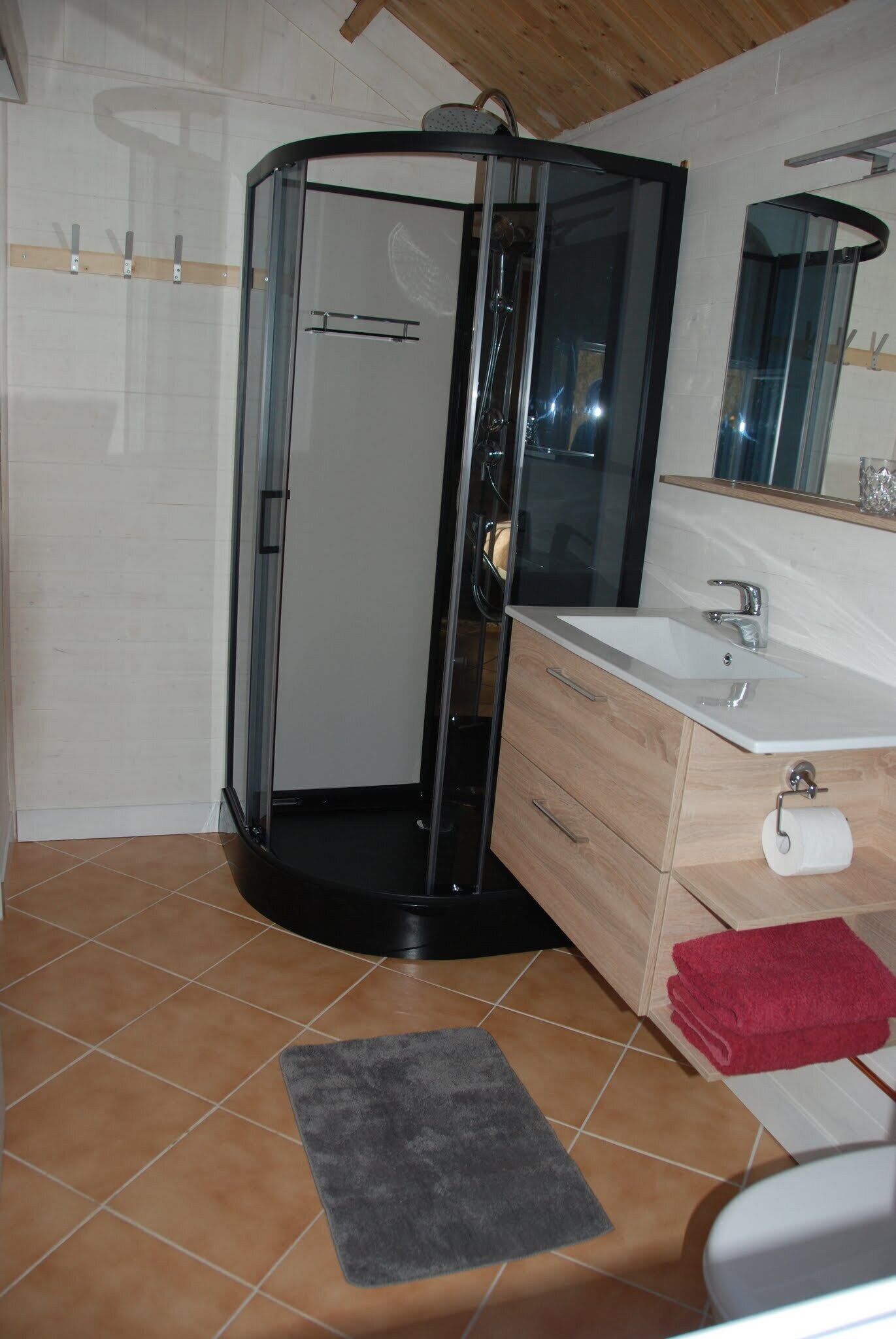 Shower, hair dryer, towels, toilet paper