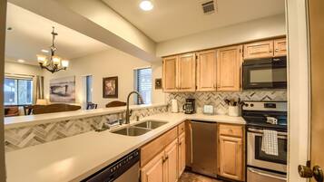 Condo, 2 Bedrooms | Private kitchen | Fridge, microwave, oven, stovetop