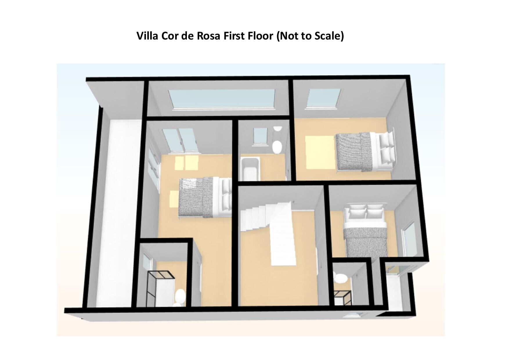 Plattegrond van de Villa Cor de Rosa op de eerste verdieping, met twee slaapkamers, een badkamer en een woongedeelte.