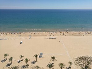 Ein weiter Sandstrand mit Palmen, einem Rettungsturm und Sonnenschirmen.