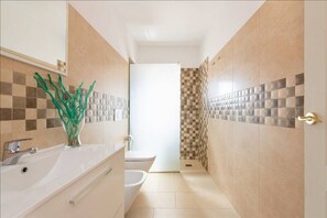 Shower, hair dryer, bidet, towels