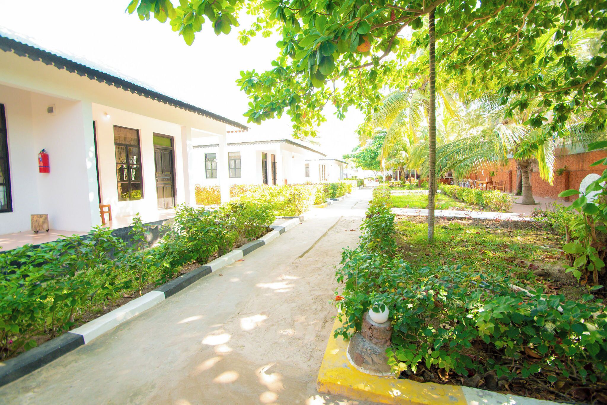 A pathway flanked by lush greenery and white buildings with windows and doors.