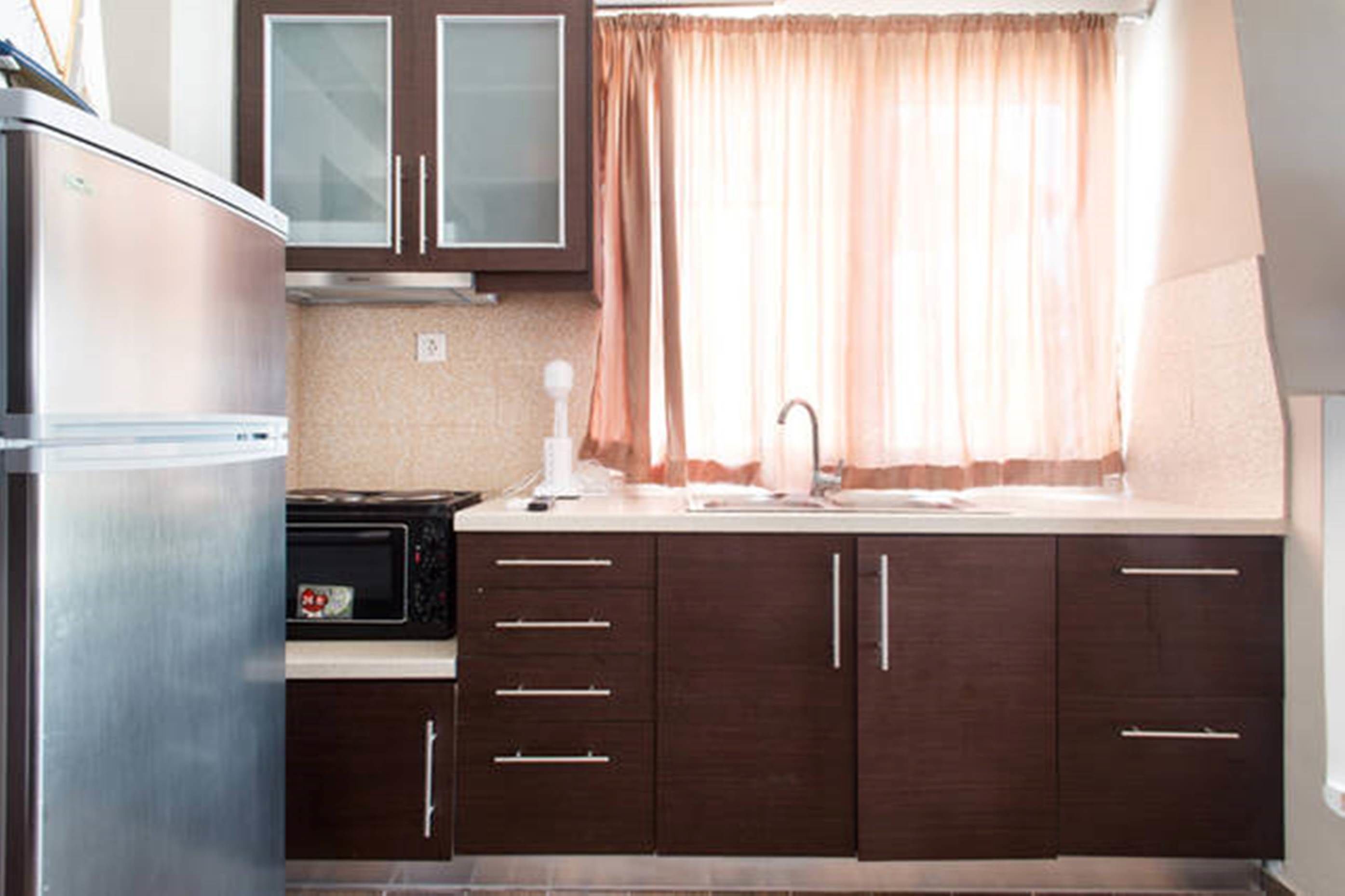 Una cucina compatta con frigorifero, microonde e pensili in legno scuro.