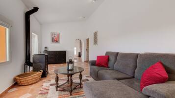 Una televisión, una chimenea, una mesa de tenis de mesa, libros