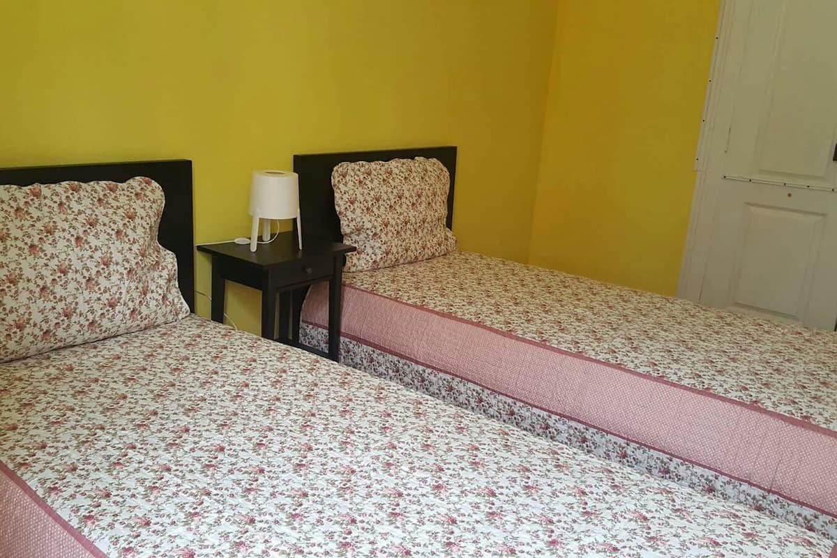 Habitación con 2 camas individuales, baño compartido | Tabla de planchar con plancha, cunas gratuitas y wifi gratis