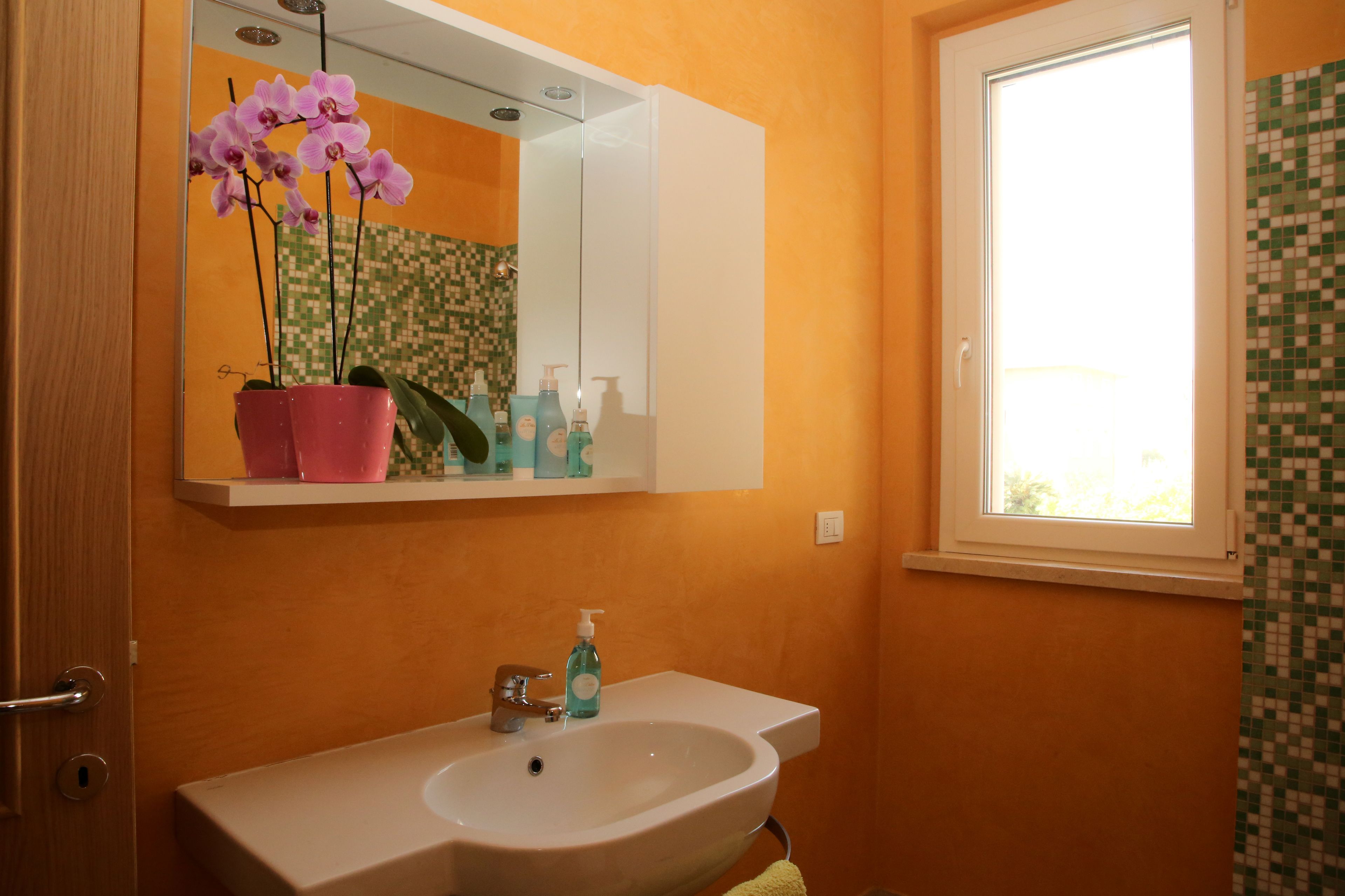 Een badkamer met een wastafel, spiegel, potorkideeën en een raam.